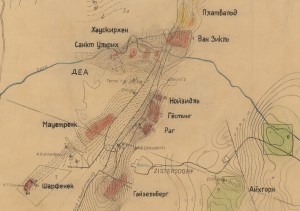 Kyrillisch beschriftete Karte der Ölfelder rund um Zistersdorf und Neusiedl. Quelle: Archiv Rohstoff Geschichte, GBA-Archiv.