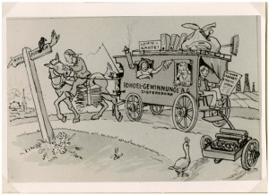 Ausschnitt aus einer Karikaturenserie "RAG-Jahresbericht 1940." Quelle: Archiv Rohstoff Geschichte, Sammlung Heinz Polesny.